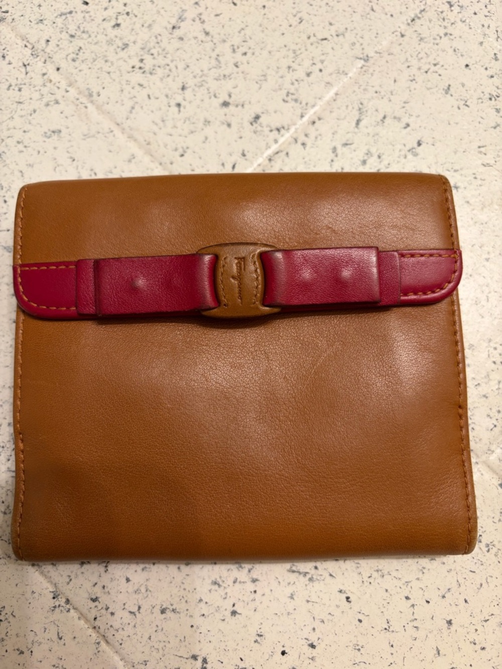 Salvatore Ferragamo Brown Leather Wallet with Red Bow Accent